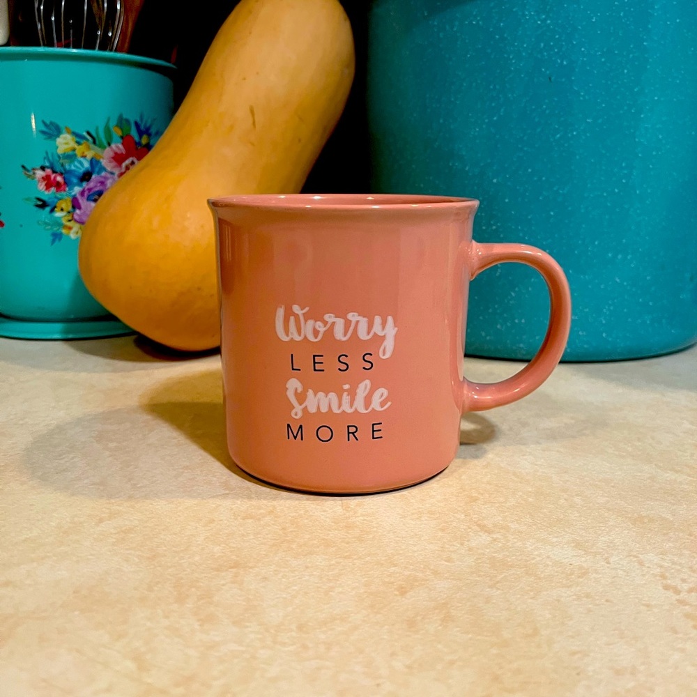 Worry Less Smile More Hudson 43 Pink Coffee Mug By Joanne